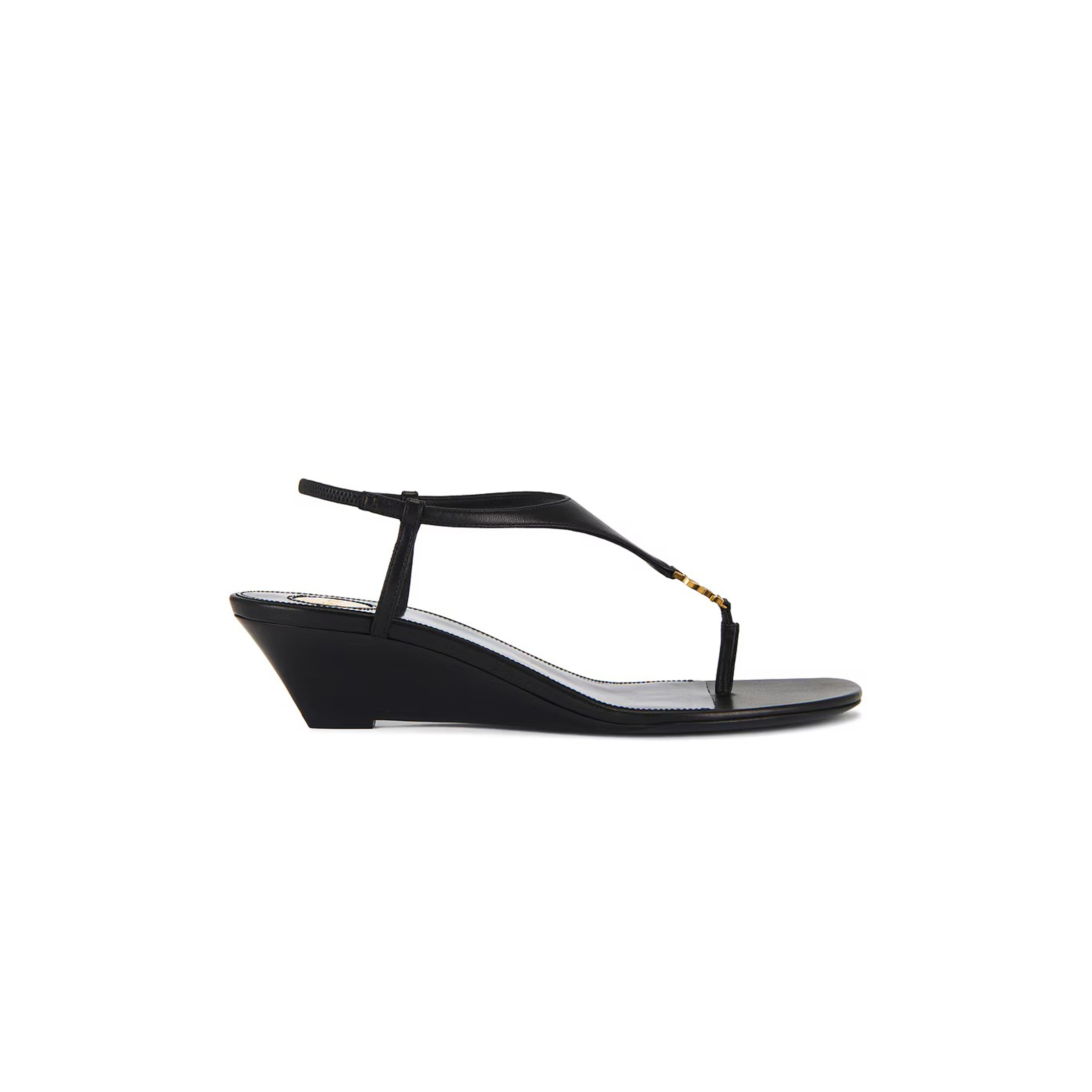 YSL BLACK CASSANDRA LEATHER WEDGE SANDAL 